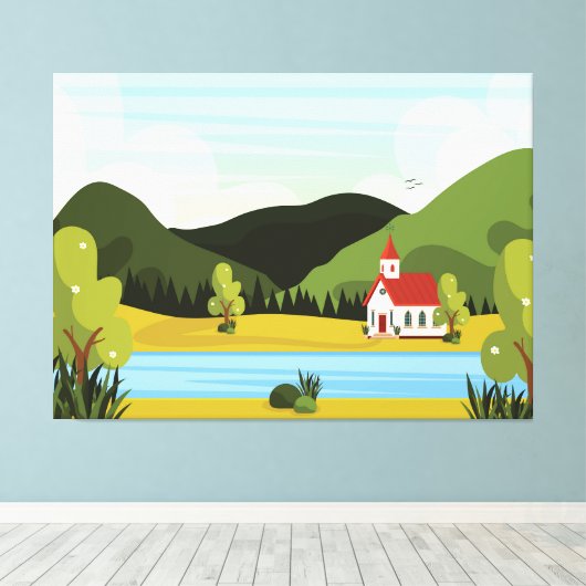 Kirchenlandschaft mit Fluss Leinwanddruck (Insitu (Holzboden))