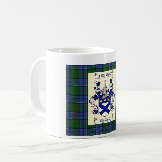Kirkpatrick Wappen auf Colquhoun Blau Tartan Kaffeetasse (Vorderseite Links)