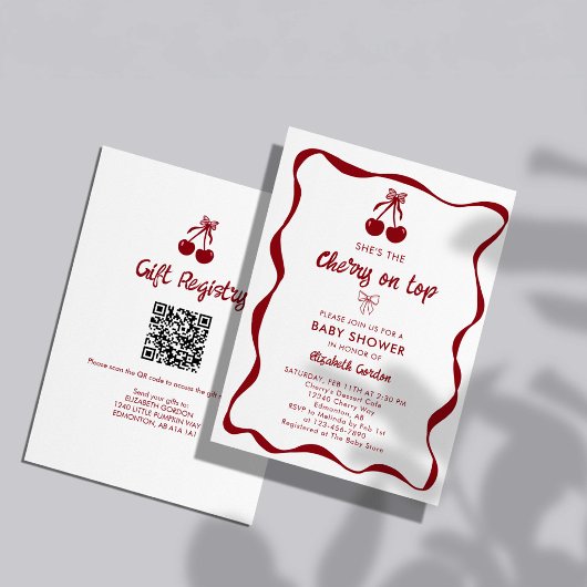 Kirsch-Baby-Shower 2-seitiges QR-Code-Registry Swe Einladung