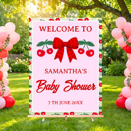 Kirsch-Baby-Shower-Rot-Gingham-Schleife-Willkommen Acrylschild