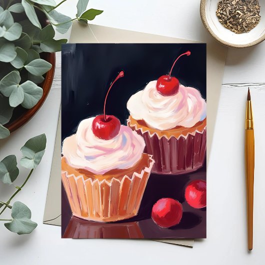 Kirsch-Cupcakes | Feierliche Aquarellmalerei Postkarte
