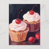 Kirsch-Cupcakes | Wasserfarbenes Feierbild Postkarte (Vorderseite)