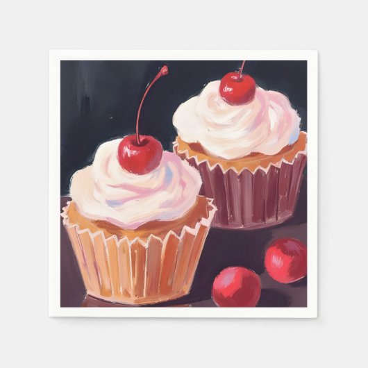 Kirsch-Cupcakes | Wasserfarbenes Feiergemälde Serviette (Vorderseite)