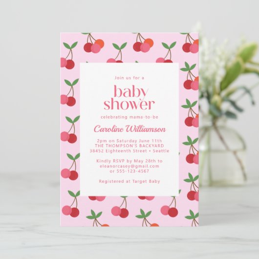Kirsch Frucht Rot Pink Süße Sommer Babyparty Einladung (Stehend Vorderseite)