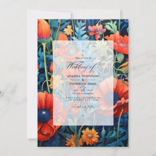 Kirsch-Tomate und königsblaue florale Hochzeit Einladung