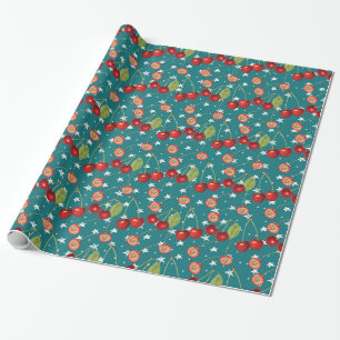 Kirsch-Verpackungspapier mit staubblauem Hintergru Geschenkpapier