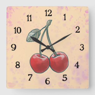 Kirsch-Wasserfarbe rosa Frucht Quadratische Wanduhr