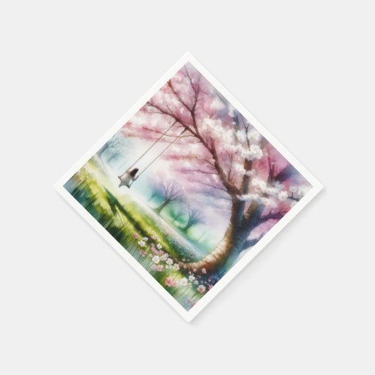 Kirschbaum mit Mädchen auf einer Schaukel Serviette (Ecke)