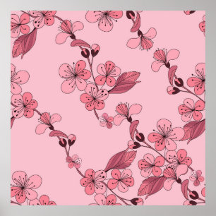 Kirschblüte in rosa Farbe auf weißem Hintergrund. Poster