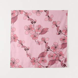 Kirschblüte in rosa Farbe auf weißem Hintergrund. Wandteppich