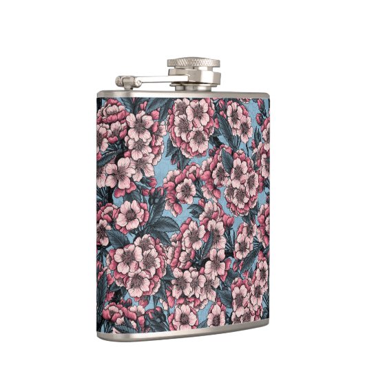 Kirschblüte in Rosa und Blau Flachmann (Rechts)