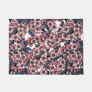 Kirschblüte in Rosa und Blau Fußmatte