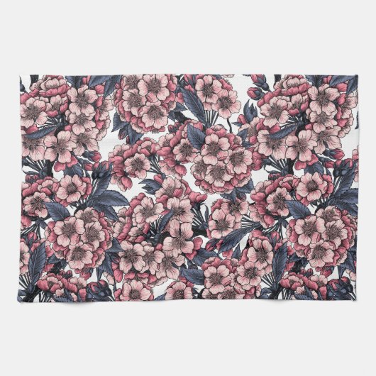 Kirschblüte in Rosa und Blau Geschirrtuch (Horizontal)