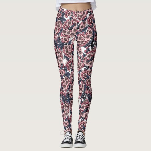Kirschblüte in Rosa und Blau Leggings (Vorderseite)