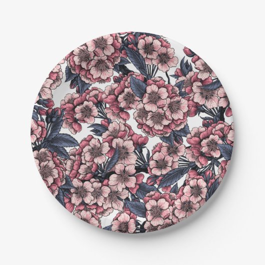 Kirschblüte in Rosa und Blau Pappteller (Vorderseite)