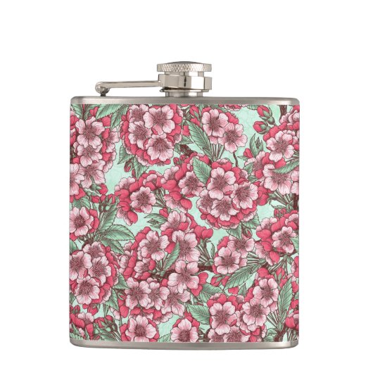 Kirschblüte in Rosa und Minze Flachmann (Vorderseite)