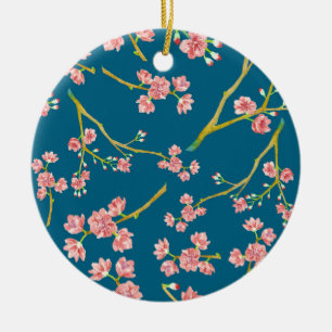 Kirschblüte-Kirschblüten-Druck auf Blau Keramik Ornament