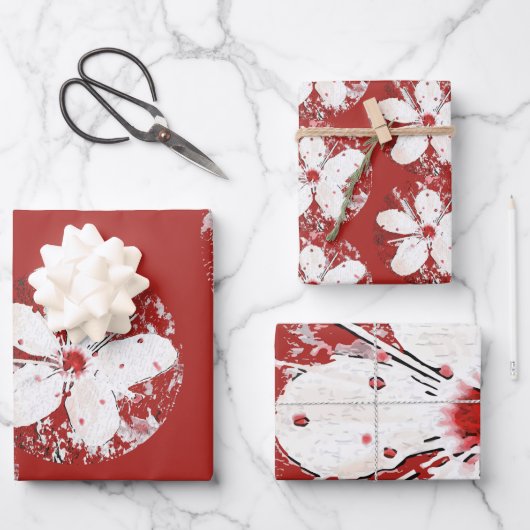 Kirschblüte Poesie rot weiß elegante Sakura Geschenkpapier Set (Vorderseite)