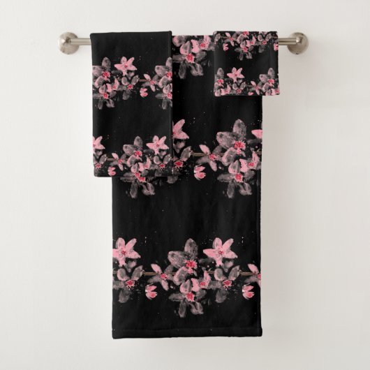Kirschblüte Sakura Pink Floral Japanisches Schwarz Badhandtuch Set (Insitu)