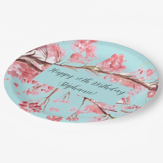 Kirschblüte Sakura Pink Türkis Geburtstag Pappteller (Schrägansicht)