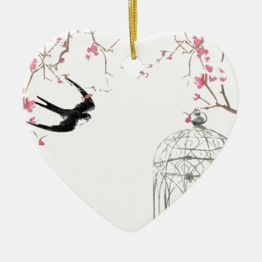 Kirschblüte, Schwalbe, Vogelkäfig Keramikornament (Vorne)