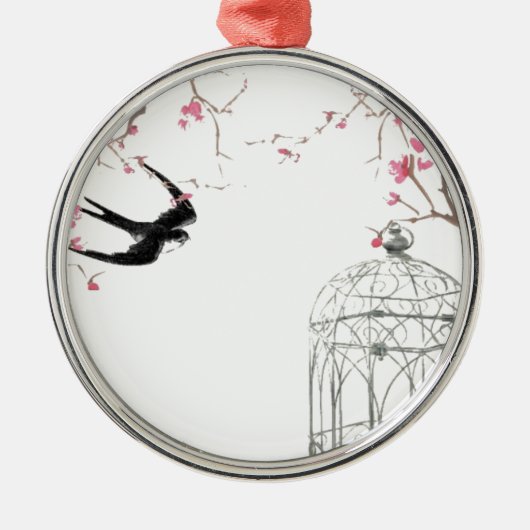 Kirschblüte, Schwalbe, Vogelkäfig Silbernes Ornament (Vorne)