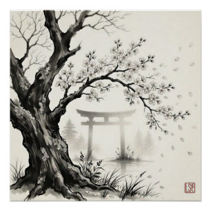 Kirschblüte & Torii-Tor —  Japanische Sumi-e-Tusch Poster