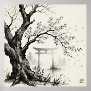 Kirschblüte & Torii-Tor —  Japanische Sumi-e-Tusch Poster