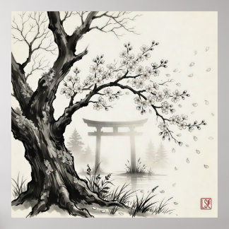 Kirschblüte & Torii-Tor — Japanische Sumi-e-Tusch Poster