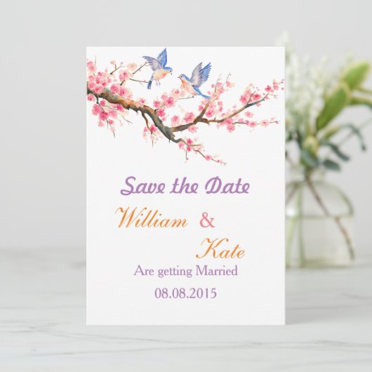 Kirschblüte und blaue Vögel Save the Date (Stehend Vorderseite)