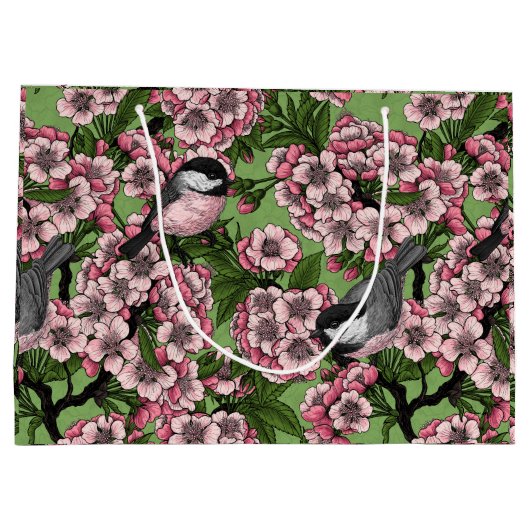 Kirschblüte und Kichererbsen auf Grün Große Geschenktüte (Rückseite)