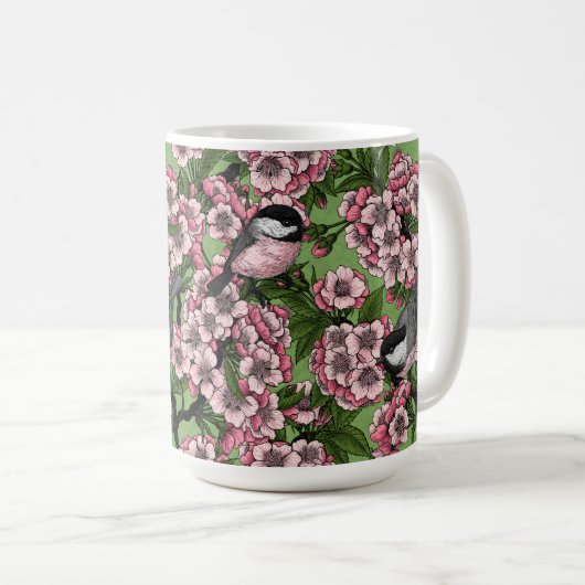 Kirschblüte und Kichererbsen auf Grün Kaffeetasse (VorderseiteRechts)
