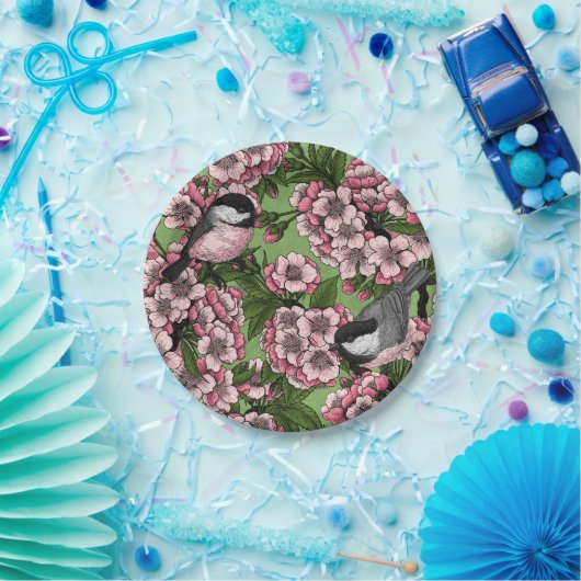 Kirschblüte und Kichererbsen auf Grün Pappteller (Party)