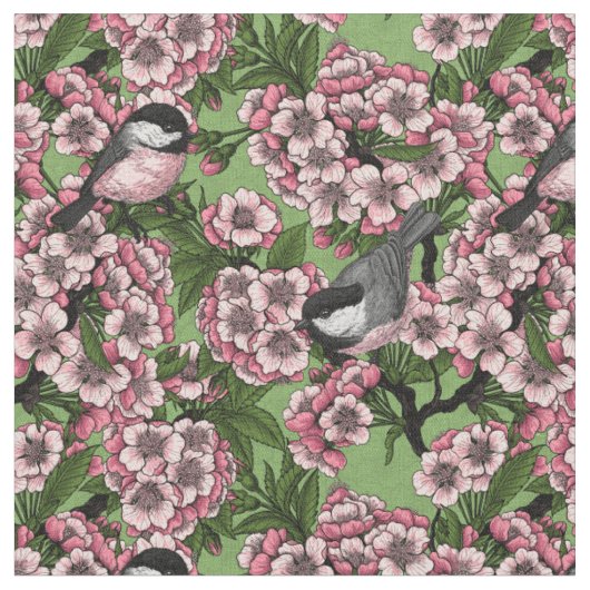 Kirschblüte und Kichererbsen auf Grün Stoff (Nahaufnahme)