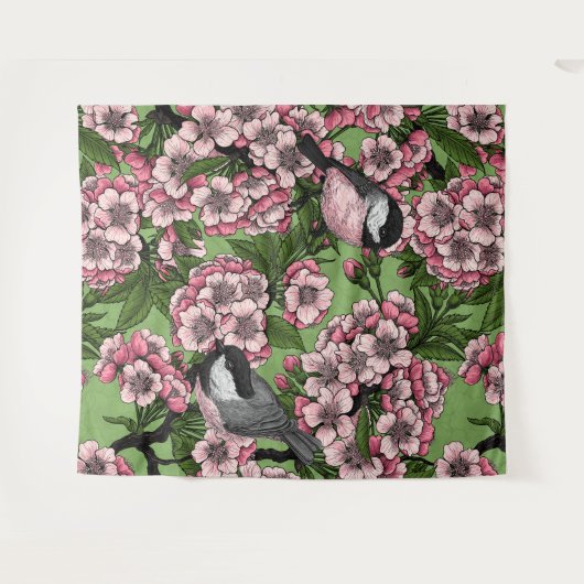 Kirschblüte und Kichererbsen auf Grün Wandteppich (Vorderseite (Horizontal))