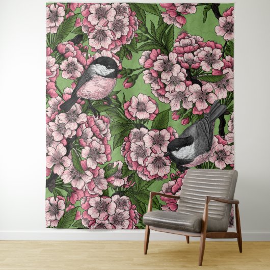 Kirschblüte und Kichererbsen auf Grün Wandteppich (Beispiel)