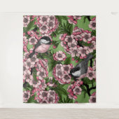 Kirschblüte und Kichererbsen auf Grün Wandteppich (Vorderseite)