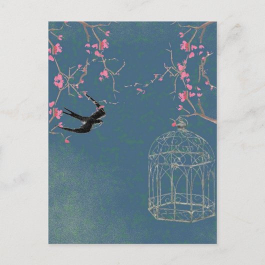 Kirschblüte und Vogelkäfig-Postkarte, einzigartig Postkarte (Vorderseite)