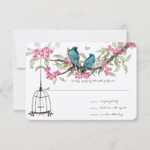 Kirschblüten Aqua Vögel und Vogelkäfig RSVP Karte