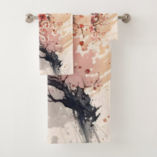 Kirschblüten-Aquarell-Blumen Rosa Rot Floral Badhandtuch Set