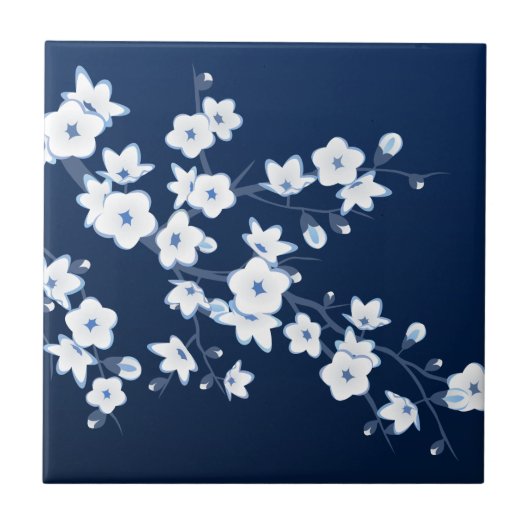 Kirschblüten Blau Weiß Fliese (Vorderseite)