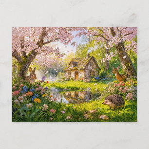 Kirschblüten-Cottage am Gartenteich Postkarte