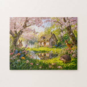 Kirschblüten-Cottage am Gartenteich Puzzle