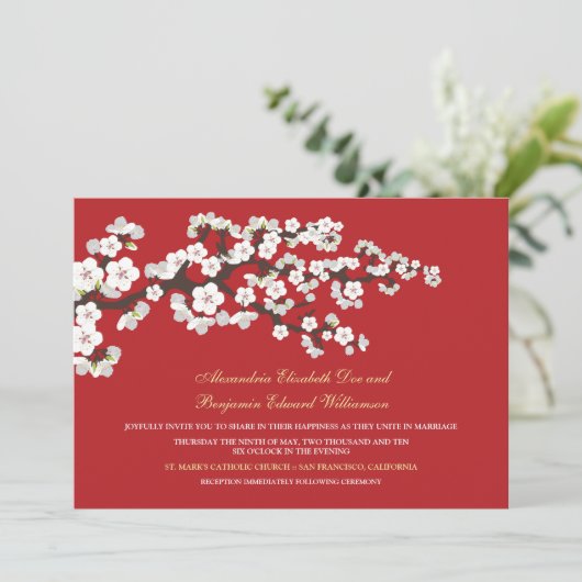 Kirschblüten Einladung zur Hochzeit (rot) (Stehend Vorderseite)