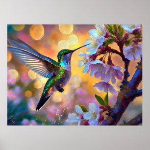 Kirschblüten-Fantasie-Sonnenaufgang Kolibri Poster