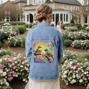 Kirschblüten-Fantasie-Sonnenaufgang-Singvögel Jeansjacke