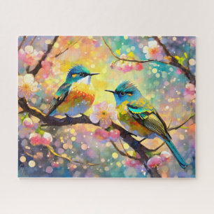 Kirschblüten-Fantasie-Sonnenaufgang-Singvögel Puzzle
