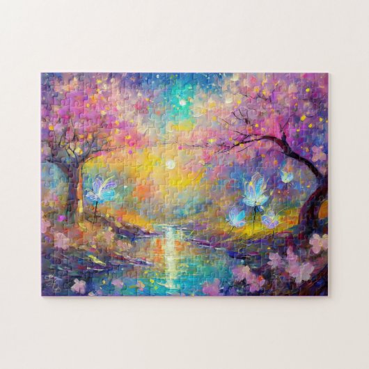 Kirschblüten-Fantasie-Sonnenaufgangsstrom Puzzle (Horizontal)