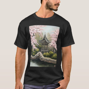 Kirschblüten-Garten-Schrein-Teich-Malerei T-Shirt