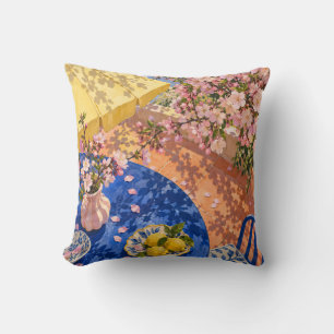 Kirschblüten-Gelb-Sonnenschirm-Blau-Tisch-Zitronen Kissen